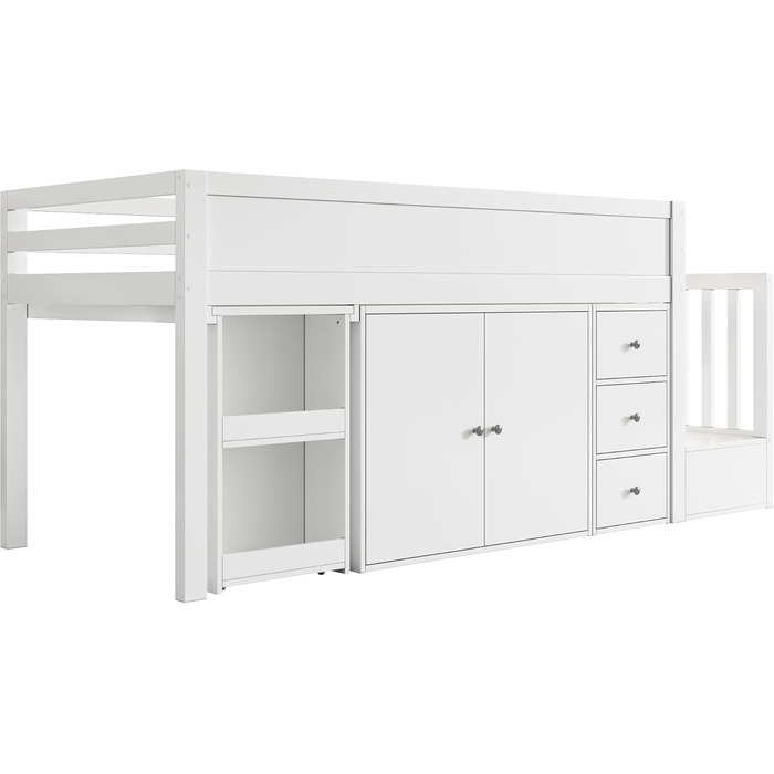 Ліжко дитяче 90x200, дерев'яне з шухлядами, полицями та бічною панелью, захистом від падіння, ламелями та місцем для зберігання, підліткове, функціональне, без матраца, біле