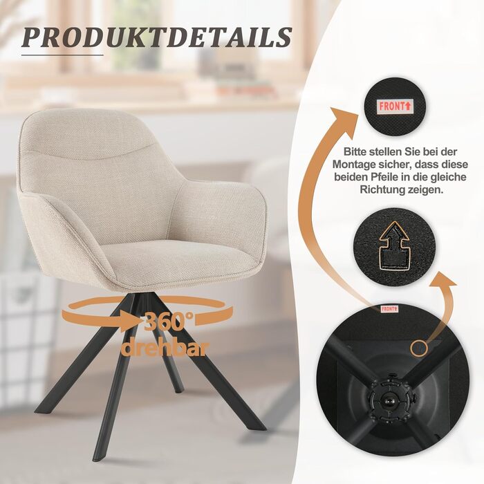 Обідній крісло для кухні/офісу, бежевий, з підлокітниками, 6 шт. в наборі, з металевим каркасом та м'яким сидінням з поліестеру