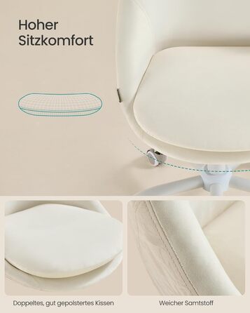 Крісло SONGMICS для офісу та дому, з оксамитовою передньою частиною, регульоване по висоті, для робочого кабінету або спальні, кремовий колір, OBG020WD01