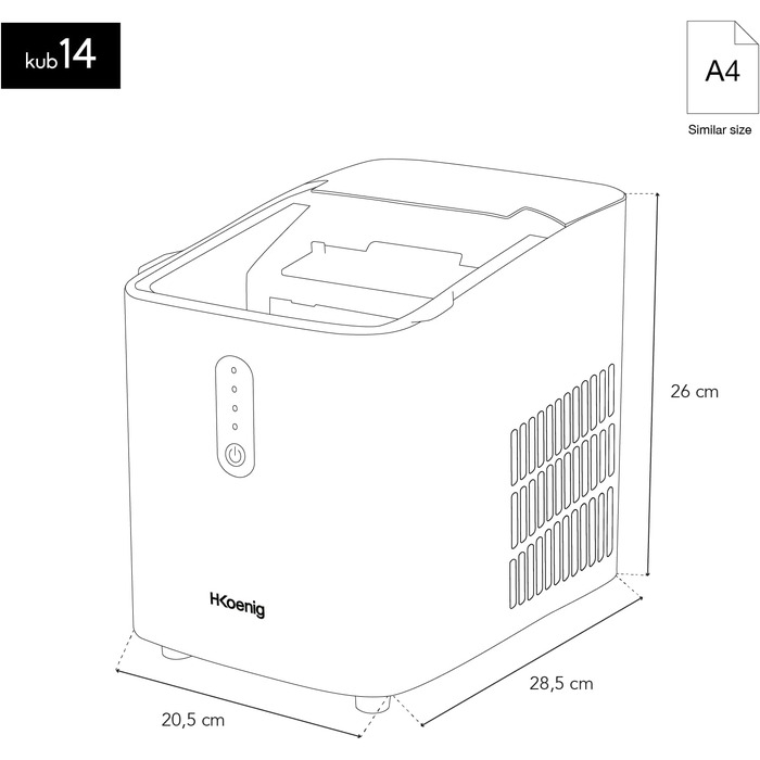 Льодогенератор H.Koenig KUB14, 12 кг/24 год, 2 розміри, автоматичний, компактний, тихий, 1 л, лід за 9 хв, чорний