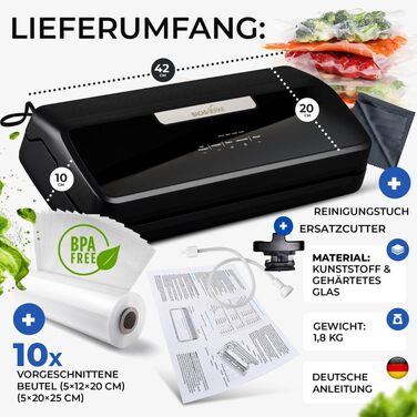 Вакууматор для продуктів BACHWERKE: вакуумний пакувальник з шириною шва 32 см, набором пакетів та рулоном плівки, чорний