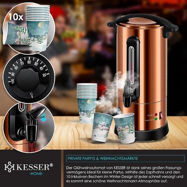 Кесер® Електричний казанок для глінтвейну 10л з нержавіючої сталі, з термостатом, 10 склянок, індикатор рівня, кран, мідний