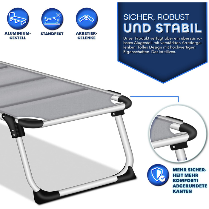 Сонячне ліжко Tillvex® з дахом та подушкою для голови | Садовий лежак, розкладний | Пляжний лежак з регульованою спинкою | Алюмінієве ліжко (з преміум-подушкою), сірий