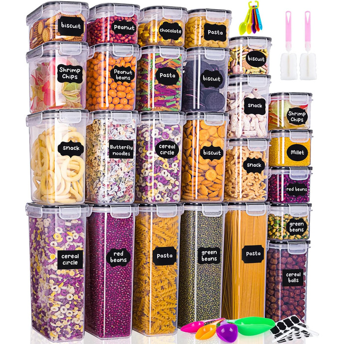 Набір контейнерів для зберігання Heucheey 25 шт. - Органайзер для кухні, контейнери для продуктів з кришкою, ємності для зберігання, мірна ложка, маркер, наклейки, щітка-губка