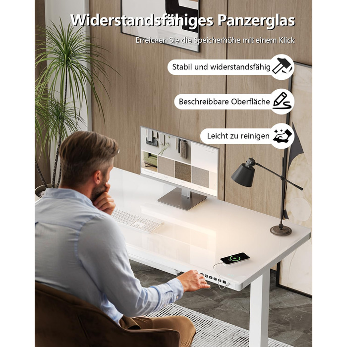 Електричний письмовий стіл Homall зі скляною стільницею, 140x70 см, з регулюванням висоти та шухлядою, білий, для дому та офісу