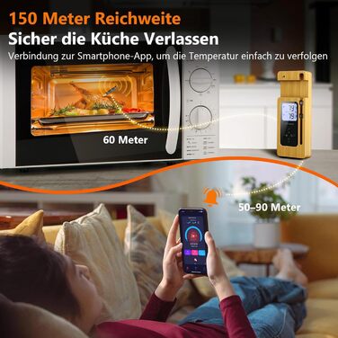 Бездротовий термометр для м'яса AIRMSEN з LCD-дисплеєм, водонепроникний (IPX8), для приготування на грилі, в духовці та BBQ, Bluetooth, 150м, керування через додаток, керамічна ручка, для гриля, духовки та BBQ, колір: дерево