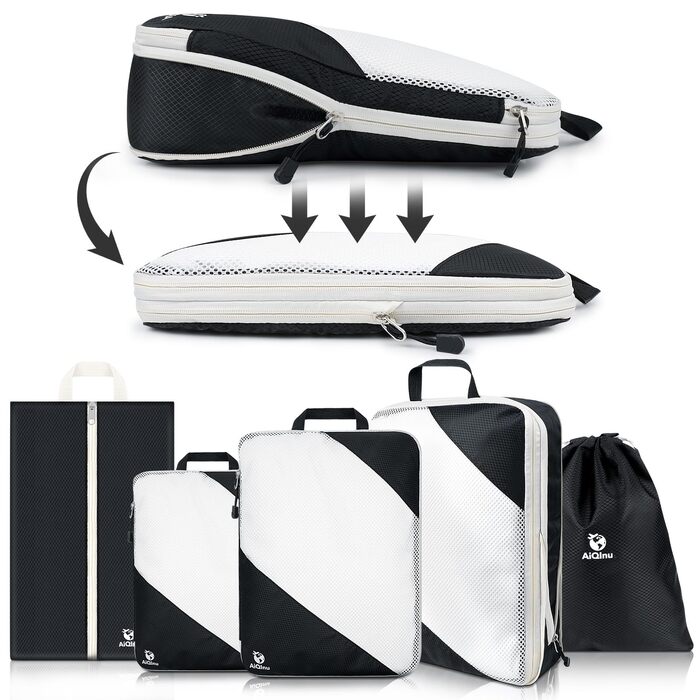 Набір компресійних органайзерів для одягу AiQInu, 5 шт, дорожні сумки-пакувальники з мішком для взуття та білизни, ультралегкі розширювані органайзери для валізи та ручної поклажі (Чорний)