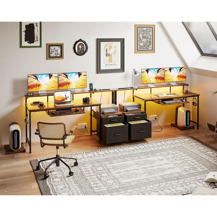 Ігровий стіл Coleshome з LED підсвічуванням, стіл для комп'ютера з висувними ящиками з тканини, 2 розетки та 2 USB порти, стіл для ігор з підставкою для монітора, для дому та офісу, білий (140x48см, коричневий)