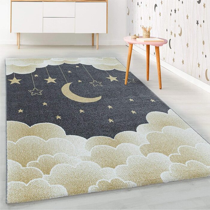 Дитячий килим HomebyHome з коротким ворсом у вигляді зоряного неба, Місяця, хмар, м'який дизайн дитячої кімнати, Колір рожевий, Розмір (120x170 см, жовтий)