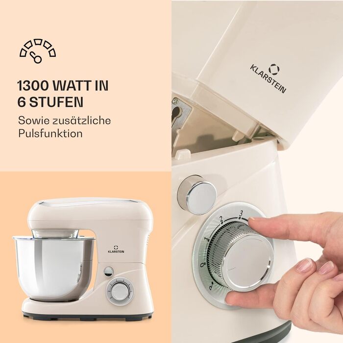 Міксер Klarstein Knetmaschine: потужний кухонний міксер для випічки, 1300W, 6 швидкостей, 5л чаша, планетарний міксер, для тіста та випічки