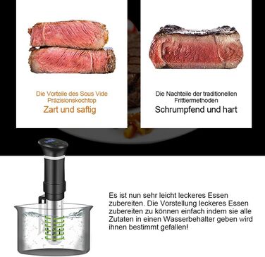 Су-від кухонний прилад з нержавіючої сталі, су-від стик, повільна варка з LED дисплеєм, 1000W, точне регулювання температури та таймер, з кулінарною книгою, сірий