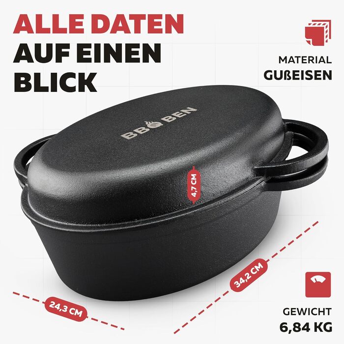 Гusseisen Bräter (34 см) з кришкою: сковорода-жаровня з чавуну для гриля, Dutch Oven, для індукції, газового гриля та духовки