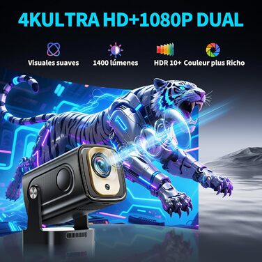 Beamer 4K: Міні проєктор Full HD 1080P з Wi-Fi 6, Bluetooth 5.2 та Android. Поворотний на 270°, з автокорекцією Keystone, для PC/HDMI/USB. В комплекті миша та пульт, білий.
