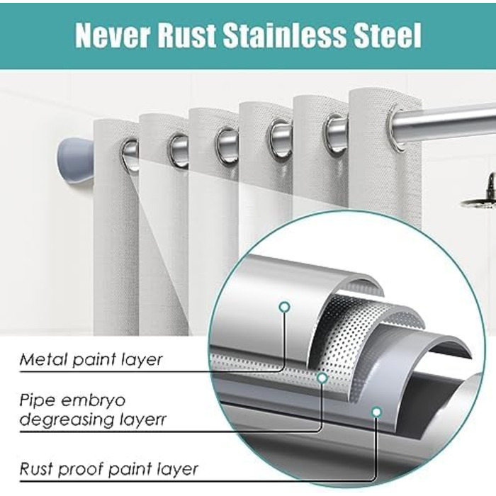Штанга для штор без свердління AIZESI 113-197 см, телескопічна, для душу/ванної, регульована, діаметр 22 мм, срібна