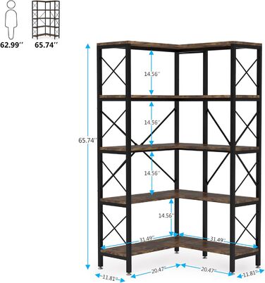 Кутова книжкова шафа Tribesigns на 5 полиць, сучасна кутова полиця 5 ярусів з металевим каркасом (сільський коричневий)