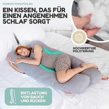 Подушка для сну на боці з двома чохлами - подушка для годування XXL, вагітна подушка для сну | Подушка для вагітних | Body Pillow | Подушка для сну та терапії | Комфортна подушка | Гнутий наповнювач з бавовняного джерсі