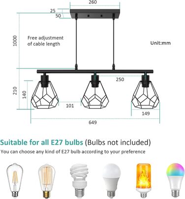 Підвісний світильник EMKE Підвісний світильник, 3-полум'яний вінтажний підвісний світильник чорний, підвісний світильник для E27, промисловий підвісний світильник для вітальні, спальні та їдальні