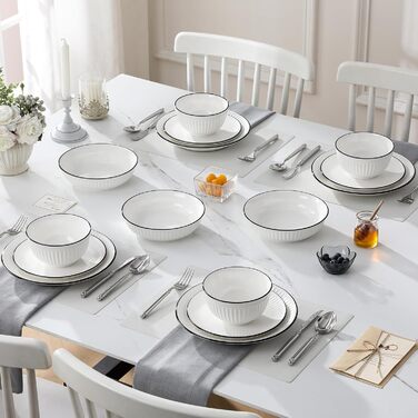 Набір посуду MALACASA LEILA 6 осіб, 24 частини: тарілки, миски, порцеляна, білий з чорним обідком