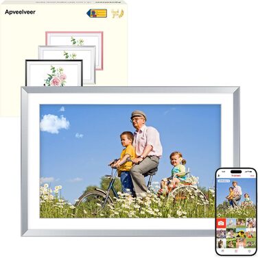 Цифровий рамка для фотографій з дерева, Wi-Fi, 32GB, 10.1 дюйма, IPS сенсорний екран, Frameo APP, подарунок, дуб (срібло)