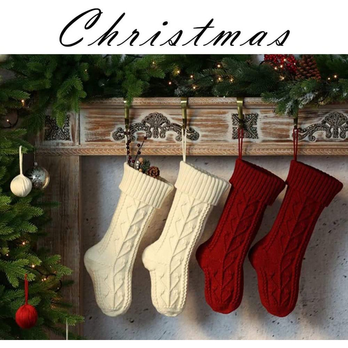Трикотажні різдвяні панчохи Dremisland комплект з 4 частин, класичні персоналізовані різдвяні шкарпетки висотою 38 см, підвісні панчохи для сімейного відпочинку, прикраса для різдвяної вечірки (кремовий і бордовий)