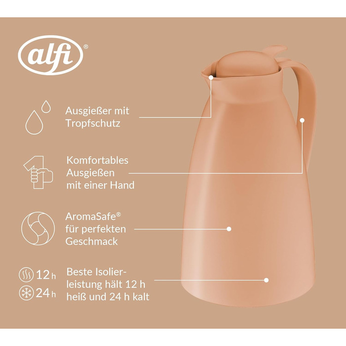 Термос Alfi ECO 1.0л з термоізоляційним скляним вкладишем, пластиковий корпус, кришка з кнопкою, зручний для наливання однією рукою, для кави та чаю, BPA-free (Абрикосовий)