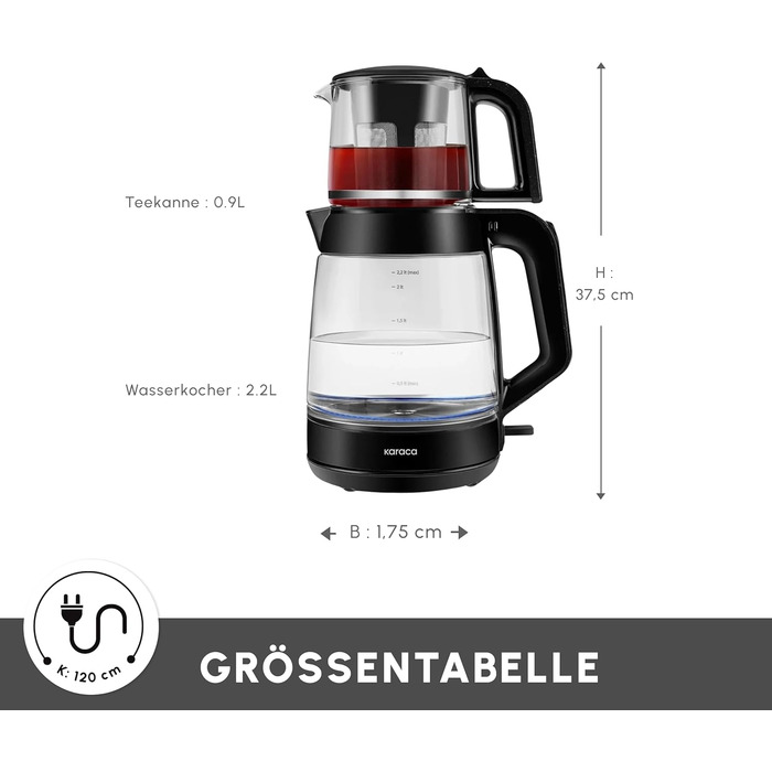 Чайник-заварник Karaca Glass XL 2 в 1 Shiny Black, 0.9л, 2.2л, LED, автоматичний, поворотний, енергоефективний