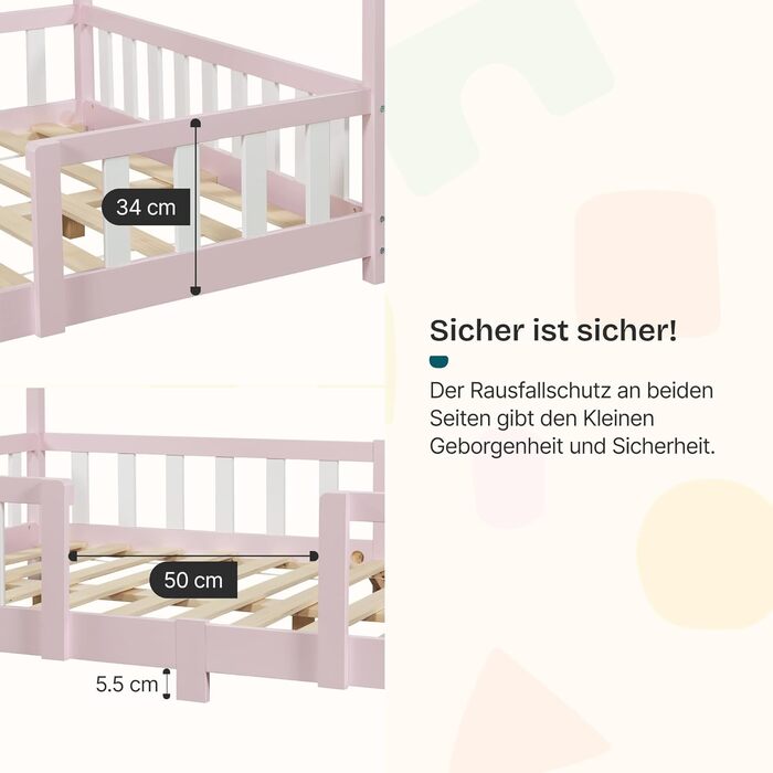 Дитяче ліжко Treviolo Hausbett від en.casa: дерев'яне ліжко Montessori з захистом від падіння, 120x200 см