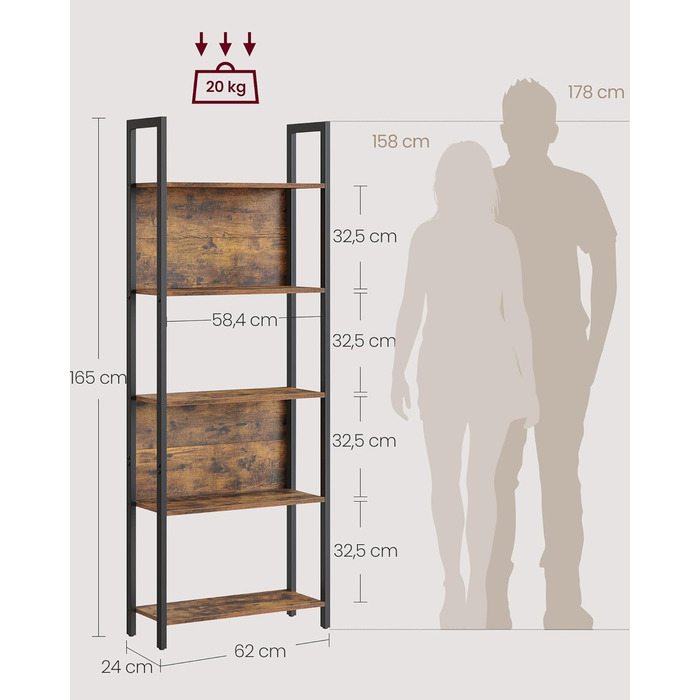 Стелаж VASAGLE з 5 полицями для книг, кухні, офісу, 24 x 62 x 165 см, vintagebraun-tintenschwarz, LLS025B01