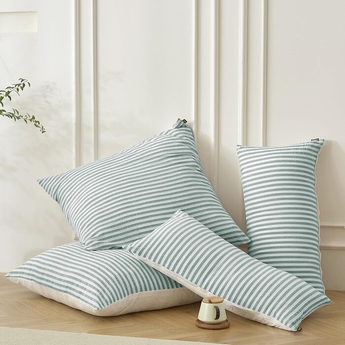 Набір постільної білизни SOULFUL 200x200, бавовна, смугастий дизайн, жаккард, бавовна преміум-якості, сертифікат Öko-Tex 100, денім блакитний (темно-зелений & білий), 2 шт. 40x80 см