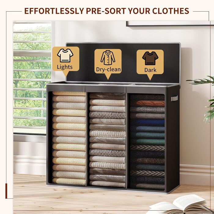 Кошик для білизни Relefree з 3 відділеннями, 180 л, великий кошик для сортування білизни, знімні кишені, з кришкою, для спальні, ванної кімнати, гуртожитку (Чорний)