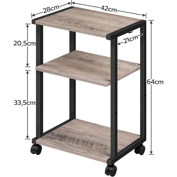HOOBRO Стіл для принтера з 3 ящиками, регульована висота, на колесах, 42 x 28 x 64 см, для офісу, сканера, копіювального апарату, принтера