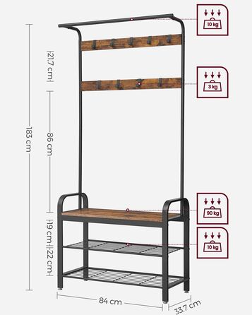 Вішалка для одягу з сидінням і 9 знімними гачками - вінтажний коричневий + чорний