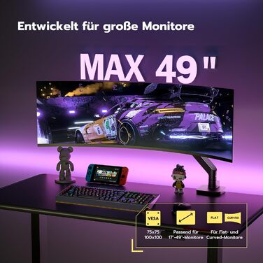 Кріплення для монітора ARES WING: регульована підставка для екранів 17-49 дюймів, газліфт, VESA 75/100 мм, чорний