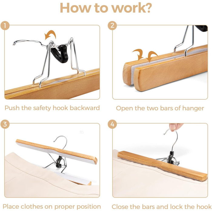 Дерев'яні вішалки для штанів та одягу House Day: 25 вішалок для спідниць, 11 для штанів, білі, з кліпсами, 360° обертання, 35,5 см (натуральне дерево)