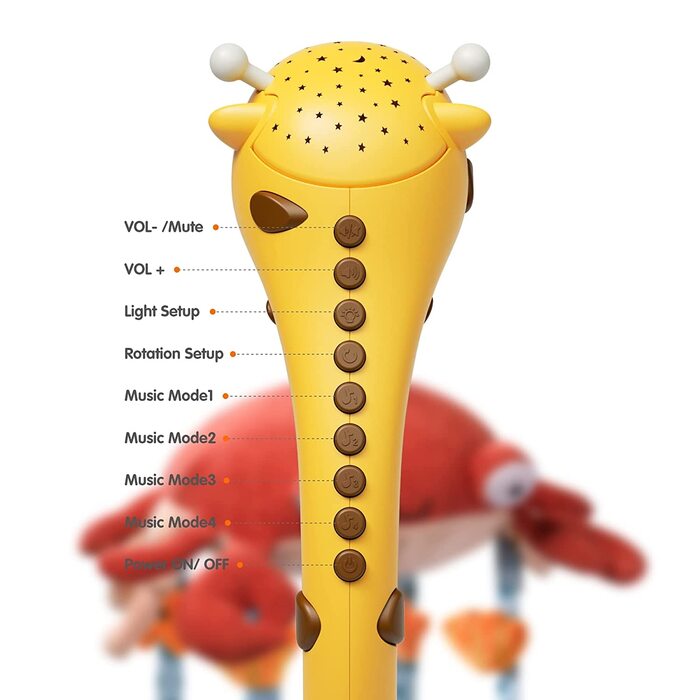Дитячий мобіль в ліжечко Тумама, мобільний жираф з дзеркалом-проектором, м'які підвісні іграшки, колискові, вогні і музика