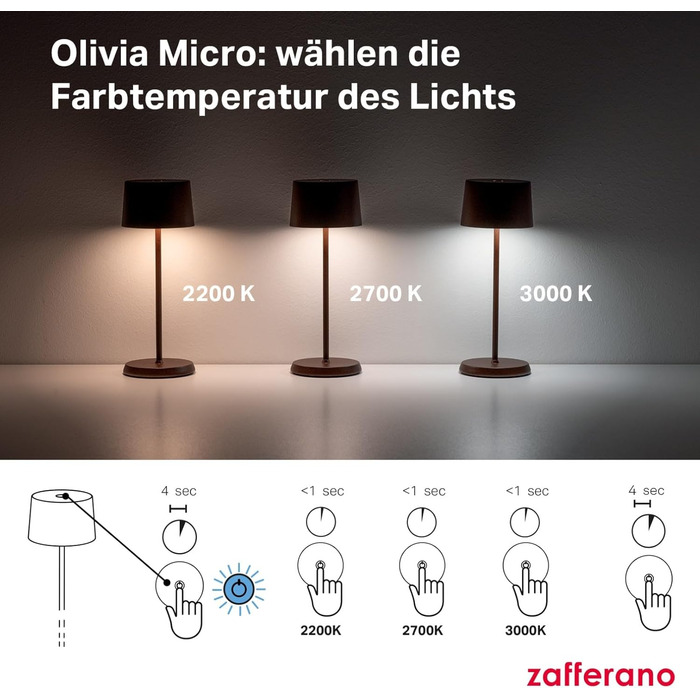 Zafferano Olivia Micro - Бездротова LED-лампа для дому та саду, сенсорне керування, регулювання яскравості, 2200-3000K, 20 см, пісочний колір