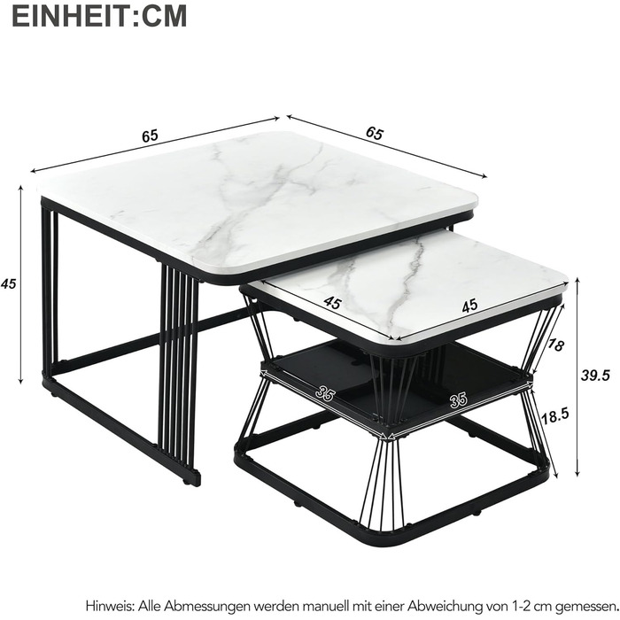 Набір журнальних столиків Merax з 2 шт. , мармуровий візерунок, гніздовий стіл з місцем для зберігання, металевий каркас, чорний/білий