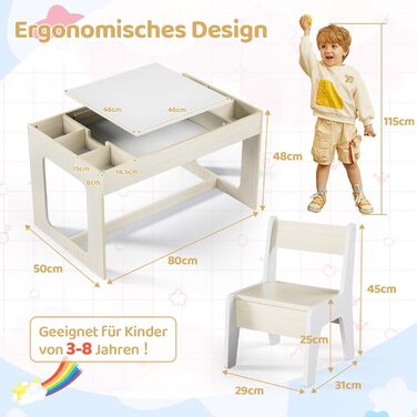 Дитячий стіл та стільці Mamizо з місцем для зберігання, набір для дитячої кімнати, школи, дитячого садка, від 3 років (білий)