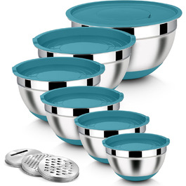 Набір місок Homikit з нержавіючої сталі, 6 шт. з тертками, кришками та силіконовим дном, 4.6L/2.8L/2.5L/1.6L/1.2L/0.7L, блакитний
