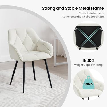 Крісла для їдальні WOLTU - 6 шт. в наборі, з м'якою спинкою та підлокітниками, з металевими ніжками, оксамитова оббивка, кремовий колір