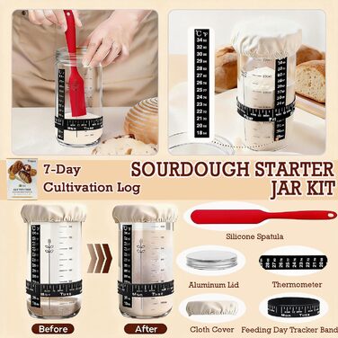 Набір для закваски Sauerteig: 650 мл скляний контейнер для бродіння, силіконові корзини для бродіння (круглі та овальні), 30-ти елементний набір для випікання хліба, легко миється та зберігається. Ідеальний подарунок для початківців та досвідчених пекарів