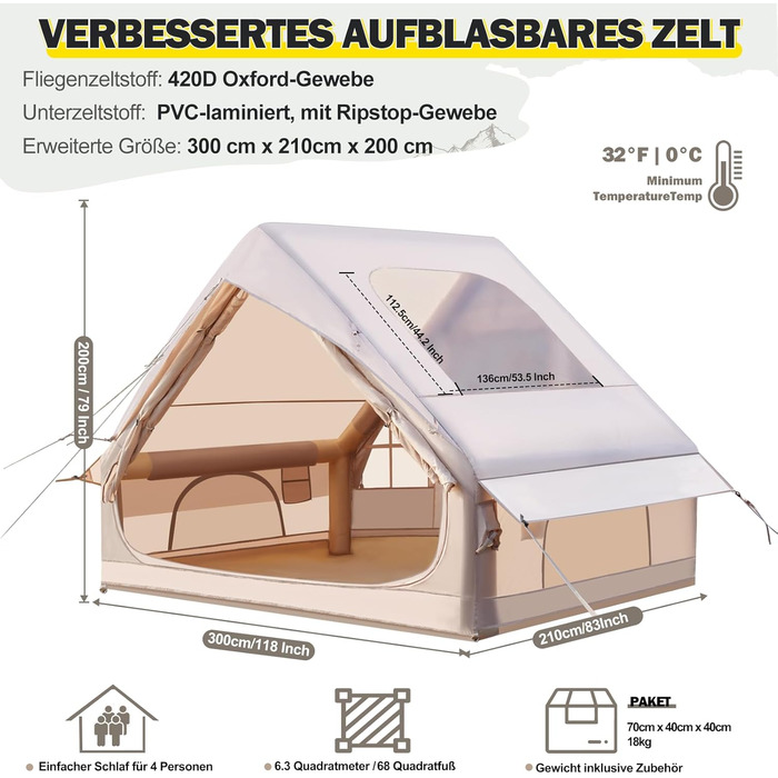 Надувний кемпінговий намет для 2-8 осіб Oxford 4 сезони з насосом - швидкозбірний водонепроникний намет (300x210x200 см, велике вікно)