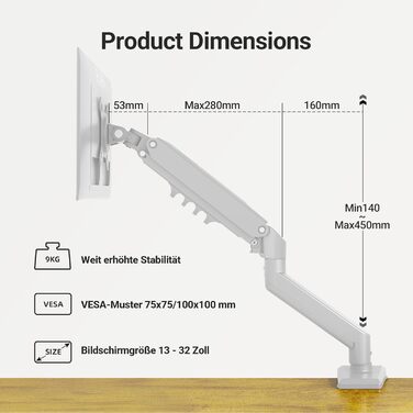 Кріплення для монітора Claiks: регульована підставка з одним кріпленням, VESA 75/100, настільний кріплення, до 9 кг, білий