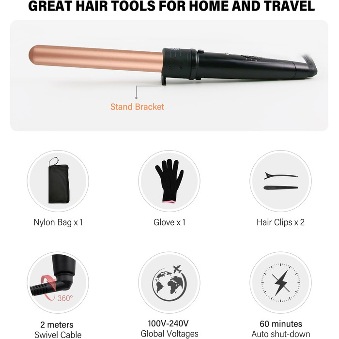 Набір для завивки волосся Janelove 5 в 1: керамічний локон, 10-32 мм, різні насадки, регулювання температури, рукавиці, сумка (рожеве золото)