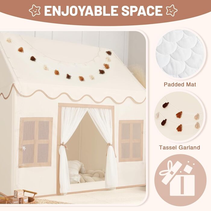 Дитяче намет-ігровий будиночок Wilwolfer з килимком для малюків: Принцесин будиночок з бахромою для дівчаток та хлопчиків - Великий намет для гри в приміщенні та на вулиці, кремовий колір