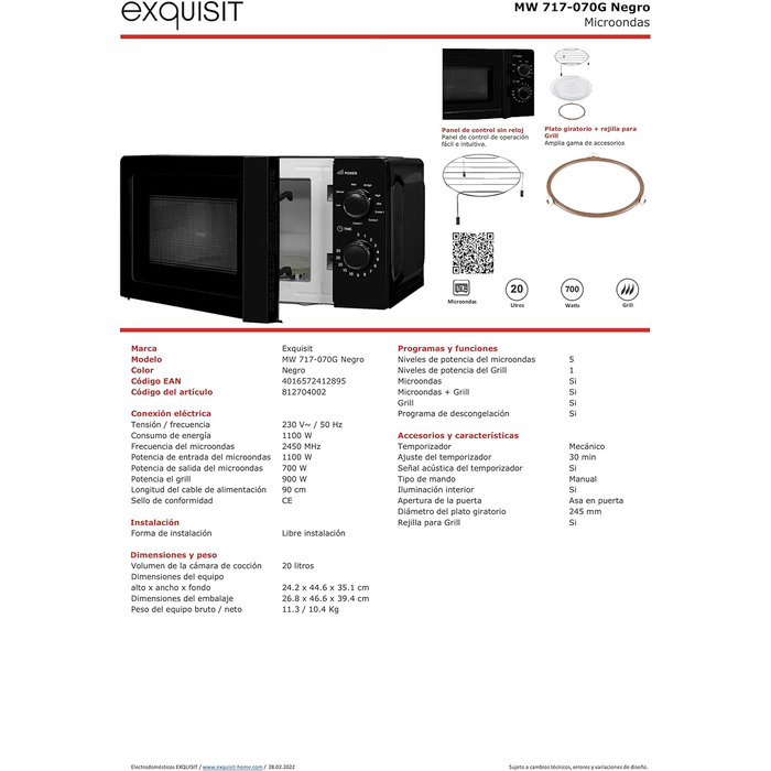 Вишукана мікрохвильова піч MW717-070G Мікрохвильова піч з грилем Гриль 900 Вт Поворотний стіл 245 мм Ø Варильна камера 20 літрів Лаковані 5 рівнів потужності Програма розморожування Таймер (мікрохвильова піч гриль, чорний)