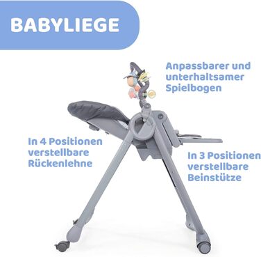 Високий стільчик Chicco Polly Magic Relax з іграшковим столом та зменшувачем для новонароджених, 8 положень по висоті, 4 колеса, Made in Italy, графітовий колір