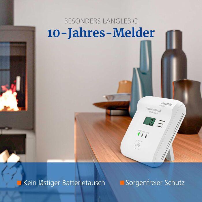 Датчик CO Hekatron KonexXt CO One з батареєю на 10 років – детектор чадного газу з дисплеєм та кнопкою тестування, проста установка