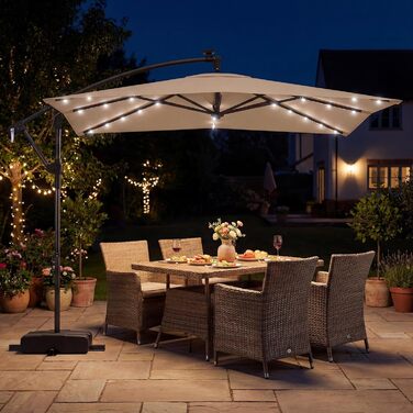 Парасолька від сонця COSTWAY 250x250 см з підставкою та LED-підсвіткою, квадратна садова парасолька з ручкою-курбою, UV-захист, бежева