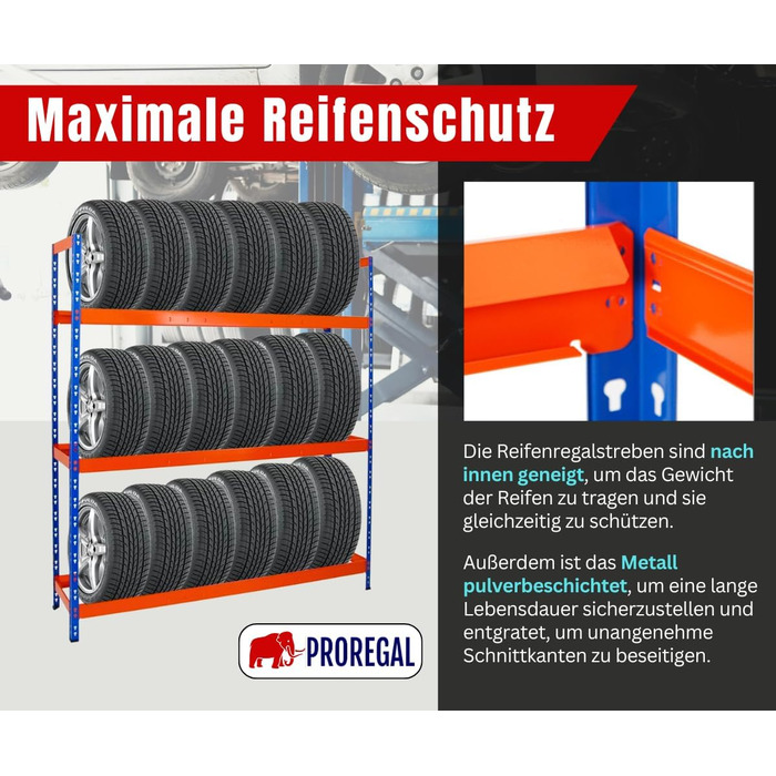 Стелаж для шин PROREGAL Tiger XL: 200x180x45 см, 300 кг навантаження, до 21 шини (205/55 R16), блакитно-помаранчевий, для майстерні, складу, підвалу